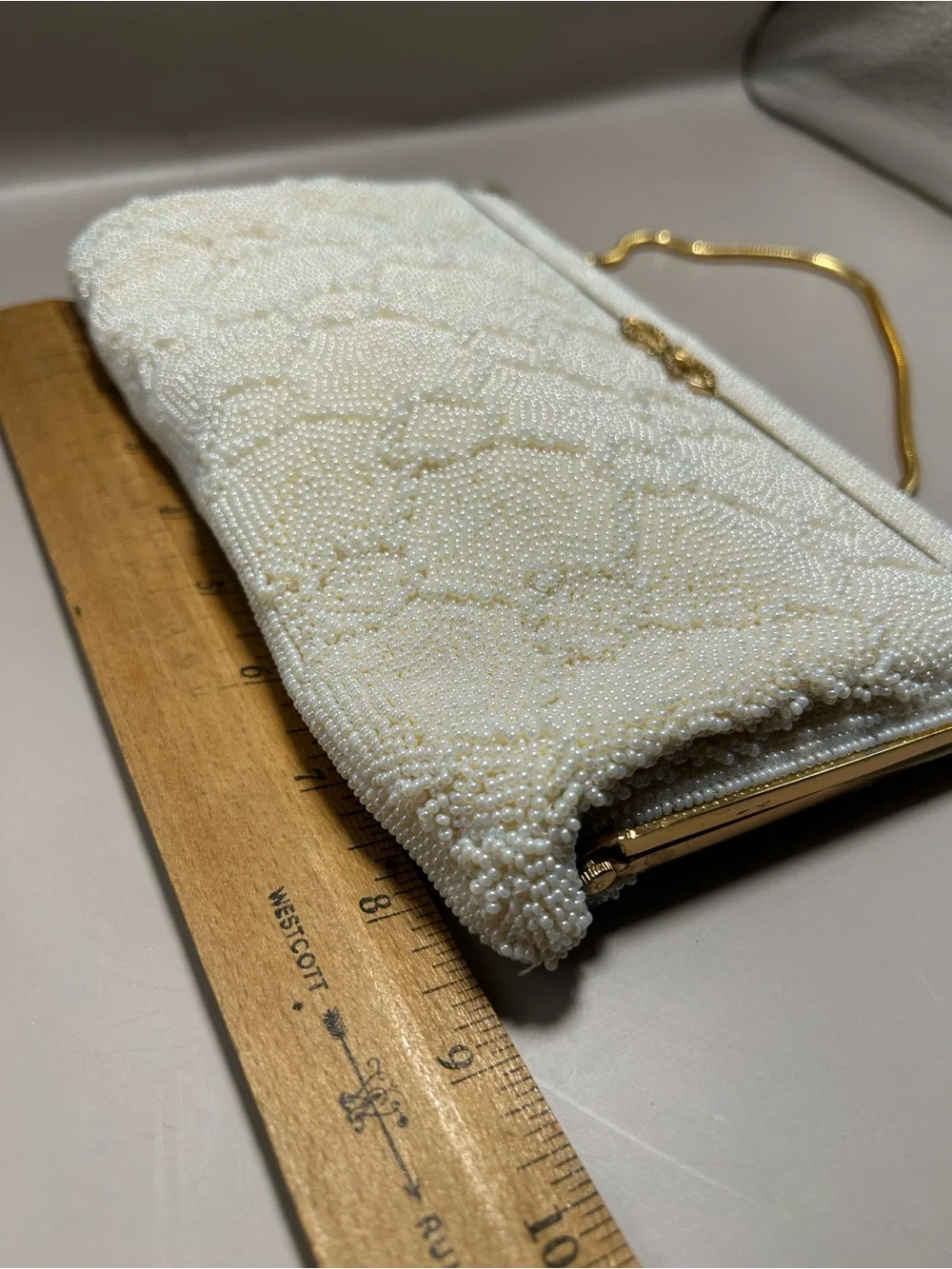 Ivory Beaded Evening Clutch with Gold Handle